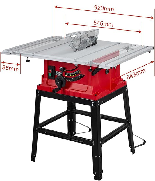 Table Saw, 10 in 15A Multifunctional Saw With Stand & Push Stick, 90° Cross Cut & 0-45° Bevel Cut, 5000RPM, Adjustable Blade Height for Woodworking, Red
