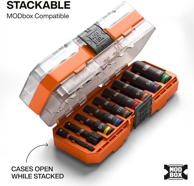 Klein Tools 65109IMPCT KNECT Deep-Well 3/8-Inch Drive Impact Socket Set, SAE, 9-Piece Tool Set with Impact Driver Adapter, Multi-Purpose Wrench Adapter, Color-Coded, MODbox Socket Organizer