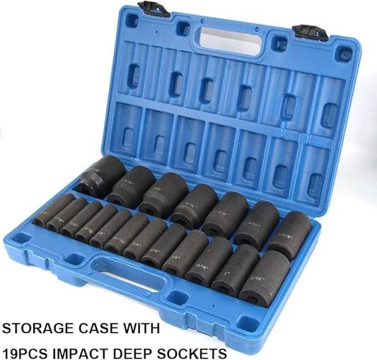 MacWork 19 Piece 1/2-Inch Drive Impact Socket Set, Deep, SAE, 3/8" to 1-1/2", CR-V&Cr-Mo Alloy Steel, 6-point Hex Radius Corner Design