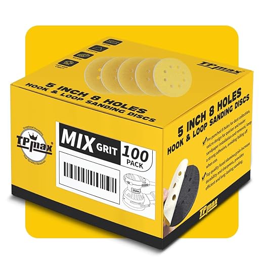 100PCS 5 Inch 125mm 8 Hole Sanding Discs Sandpaper Mixed Grits - Premium Gold Round Hook and Loop for Random Orbital Sander (60, 80, 120, 220, 320 Grit Variety Pack)