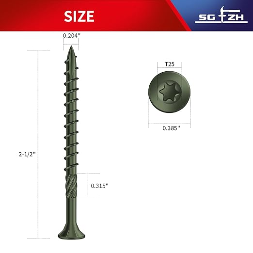 #9 x 2-1/2" Deck Screws (81Pcs) 1lb. Carbon Steel, Green, Flat Head, Rust Resistant epoxy Coated, with T25 Star Bit
