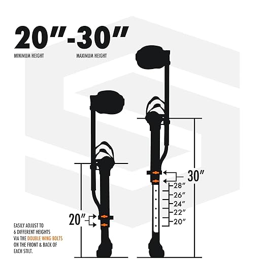 SurPro Single-Sided Aluminum Drywall Stilts, 20??- 30??Height, InterLock Enhanced Contractor-Grade Stilts (S1-A-2030) for Drywallers, Painters, Ceiling Work, Stilts Drywall