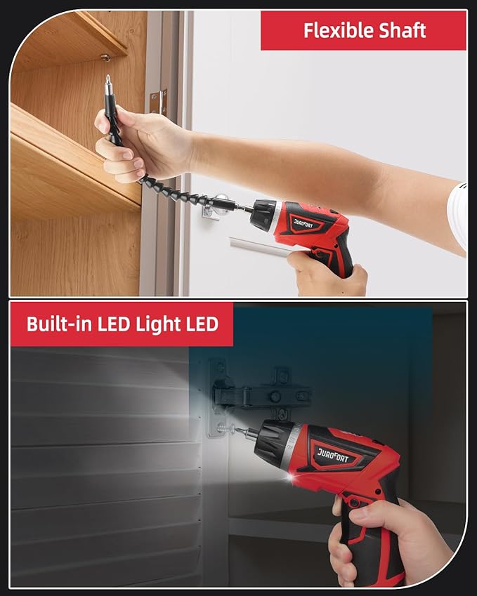 Cordless Electric Screwdriver Set, 8V 10Nm Rechargeable Power Electric Drill, Battery Screw Gun with Driver Bit, 320RPM/10+1 Torque, 2 Position Handle, Flexible Shaft LED Light (Red, 28Pcs)