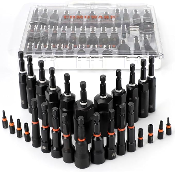 COMOWARE Magnetic Impact Nut Driver Set, 55Pcs Deep Nut Driver Set, Metric/SAE Sockets, Bit Extension, 1/4'' Quick Change, Cr-V Steel for Automotive & Industrial Use