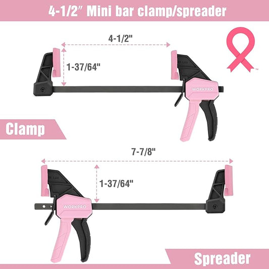 WORKPRO Mini Bar Clamps for Woodworking, 6"(2) and 4-1/2"(2), 4-Piece One-Handed Clamp/Spreader, Light-Duty Quick-Change F Clamp with 150lbs Load Limit - Pink Ribbon
