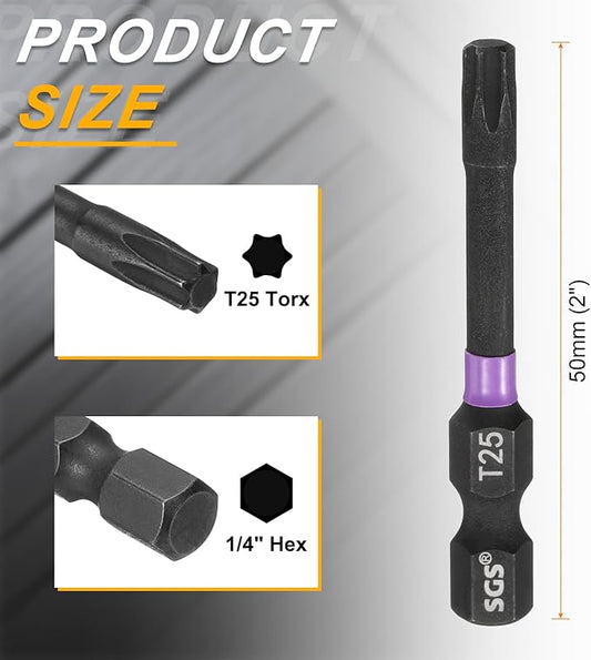 HARFINGTON 5pcs T25 Torx Head Impact Screwdriver Bits 1/4" Hex Shank 2" (50mm) Long Magnetic No Hole Tamper Proof 6 Point Star Screw Driver Drill Bits Phosphate S2 Steel Power Tools
