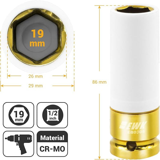 EWK 1/2" Drive 19mm Lug Nut Socket, 19mm Socket for Wheel Service, Non-Marring Protective Sleeve Prevents Damage to Custom Rims