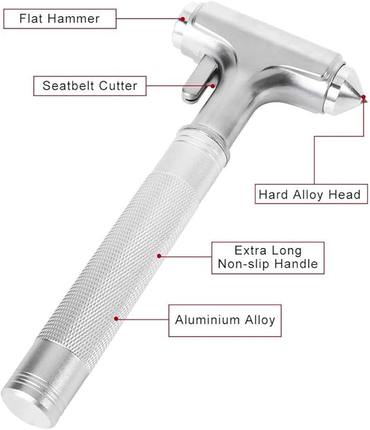 Car Safety Hammer, Fireproof Metal Emergency Escape Hammer with Hard Alloy Head Window Breaker and Seat Belt Cutter, Aluminium Alloy Emergency Escape Tool for Car Accidents