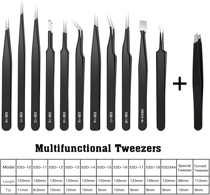 BOENFU Precision Tweezers Set 12 PCS Electronic Tweezers ESD 11, 12, 13, 15, 17 Pointed Tip Tweezers Kit for Electronics,Soldering, Craft, Jewelry, Ingrown, Eyelash