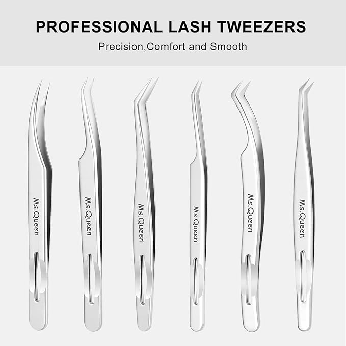 Ms.Queen Lash Tweezers for Eyelash Extensions,Professional Fine Tip 45 Degree Lash Tweezers for Volume Lash Extensions