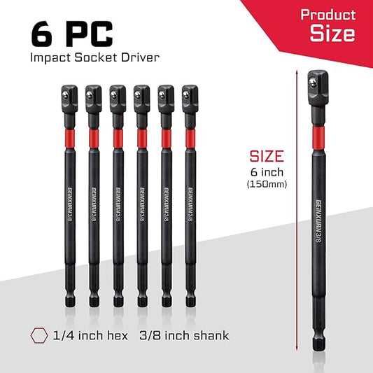 6Pcs Impact Socket Adapter Set, 3/8" Drive Square, 6Inches Extension Bit Socket Driver Set, Adapt Your Power Drill to High Torque Impact Wrench