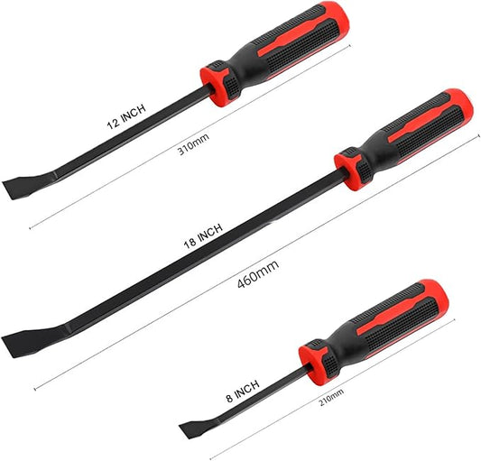 Pry Bar Set with Ergonomic Handles and Strike Cap, 3-Piece Heavy Duty Angled Pry Bar Tool Set (8, 12, 18 in) for Prying, Scraping, Lifting, Removing Objects