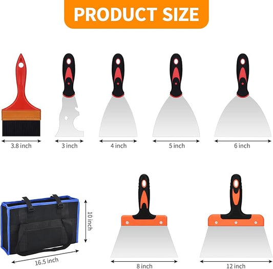 8 PCS Drywall Knife Set, Drywall Hand Tool Kit, Putty Knife in 6 Different Sizes, Brush and Organizer Bag, Spackle Tool Kit for Joint Taping, Finishing, Patching
