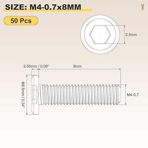 METALLIXITY Flat Head Hex Socket Cap Screws Bolts(M4-0.7x8) 50Pcs, Steel Hex Socket Furniture Bolts Screws - for Furniture Woodworking Project, Black
