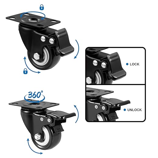 Casters, 2" Caster Wheels竊똂asters Set of 4 Heavy Duty - ASRINIEY Black Polyurethane Castors, Top Plate Swivel Wheels, 4-Pack Industrial Casters with Brake, Locking Casters for Furniture and Workbench