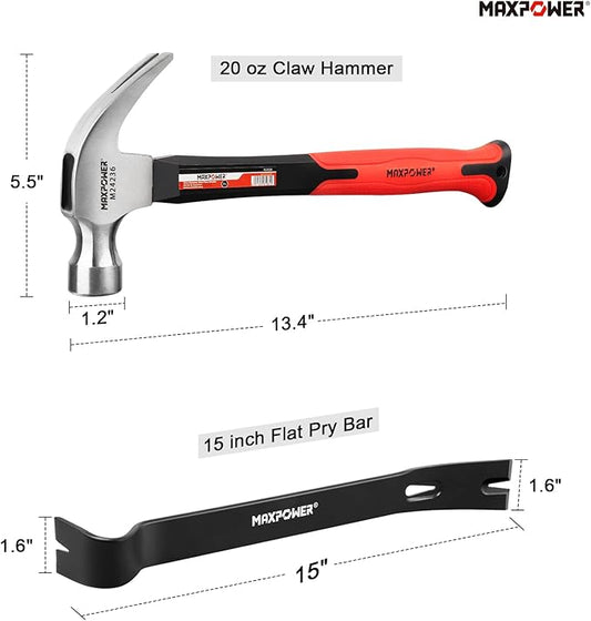 MAXPOWER Hammer and Pry Bar Set, 20oz Claw Hammer &15-inch Flat Pry Bar