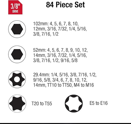 Sunex 3569 3/8" Dr. Master Hex Bit Impact Socket Set (84 Piece)