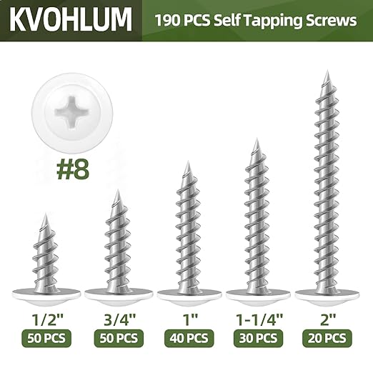 190 PCS #8 Modified Truss Head Wood Screws Assortment Kit, White Head Quick Metal Self Tapping Screws, Phillips Drive, Screwdriver Bit Included, 5 Sizes (1/2", 3/4", 1", 1-1/4", 2")