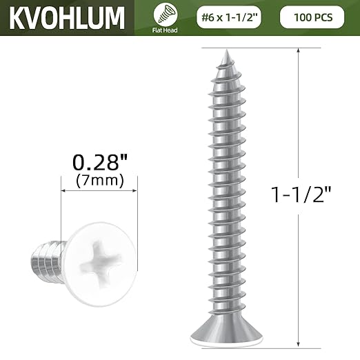 100 PCS #6 x 1-1/2" White Head Sheet Metal Screws, Flat Head Phillips Fast Self Tapping Screws, Countersunk Head Wood Screws, Screwdriver Bit Included