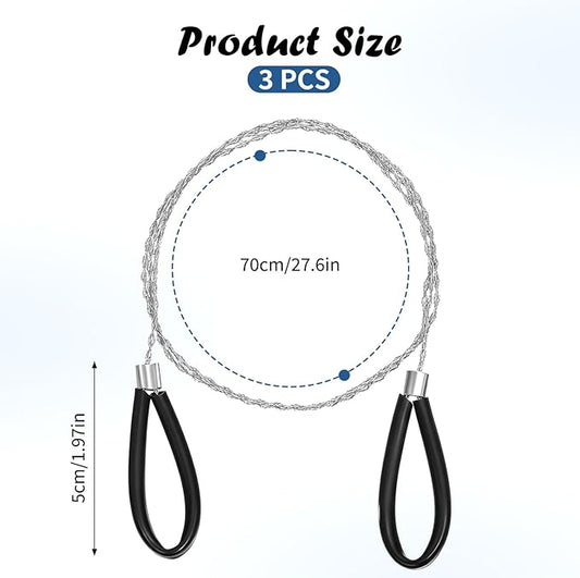 3 PCS Stainless Steel Cable Saw, Hand Pocket Metal Wire Saw PVC Pipe Cable Cutting Tool, Emergency Survival Portable String Coping Rope Saws for Wood Camping Hiking Hunting, Black, 27.6 In