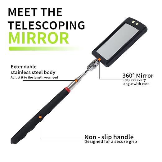 Telescoping Magnetic Pickup Tool Set, 2Pcs Round and Square Inspection Mirror Telescoping with LED Lights, 2Pcs Magnet Stick Best Gadgets Gifts for Men (Black, 4 Pack)