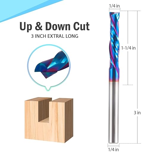 HQMaster Extra Long Spiral Router Bit Up & Down Cut 1/4 Inch Shank Solid Carbide CNC Router Bit with Nano Blue Coating CNC Bits End Mill for Woodwork Mortise Slot Trim