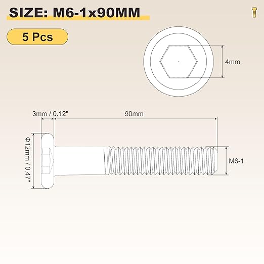 METALLIXITY Flat Head Hex Socket Cap Screws Bolts(M6-1x90) 5Pcs, Steel Hex Socket Furniture Bolts Screws - for Furniture Woodworking Project, Yellow