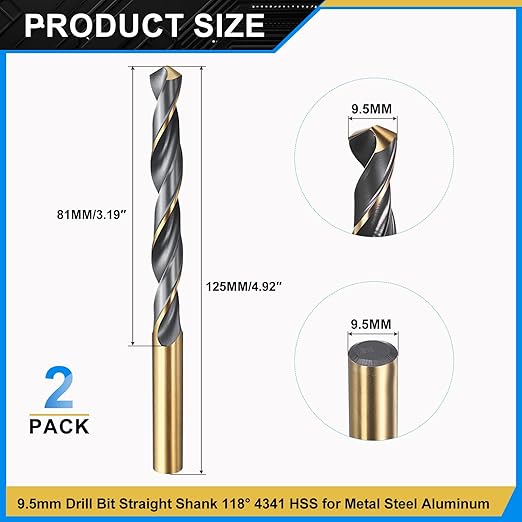 PATIKIL 9.5mm Drill Bit, Jobber Straight Shank 4341 High-Speed Steel 118째 Black and Gold Finish for Medium-Hard Metal Steel Acrylic - 2 Pack