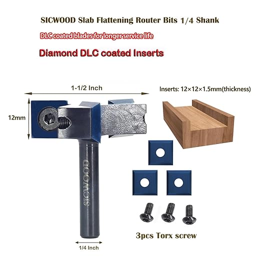 CNC Spoilboard Surfacing Router Bit 1/4 Shank, 1-1/2??Cut Dia, with DLC Coated, 3-Flute, 12*12*1.5mm Blade, Slab Flattening Router Bit, Planing Bit, for Rabbeting Flycutter, Planer
