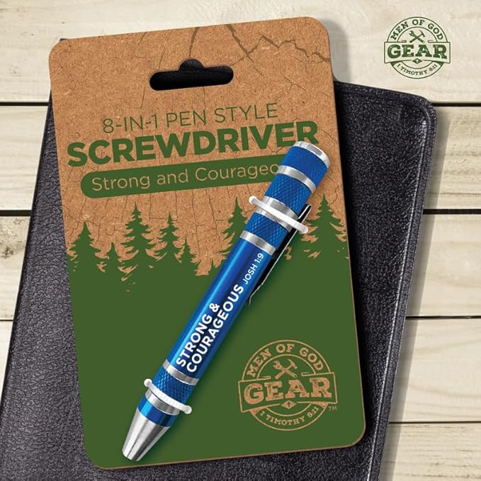 8-in-1 Pen Style Screwdriver ??Strong and Courageous, Josh 1:9 -Hidden 4.5" x 0.5" Pen Multitool with Screwdriver Bits, Storage Space & More - Christian Pocket Tools For Men