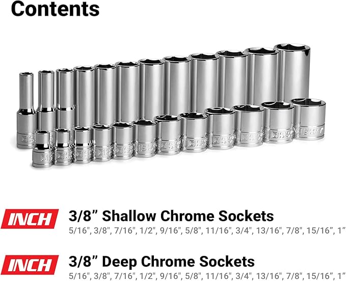 Capri Tools 3/8 in. Drive Shallow and Deep Chrome Socket Set, 6-Point, 5/16 to 1 in, 24-Piece