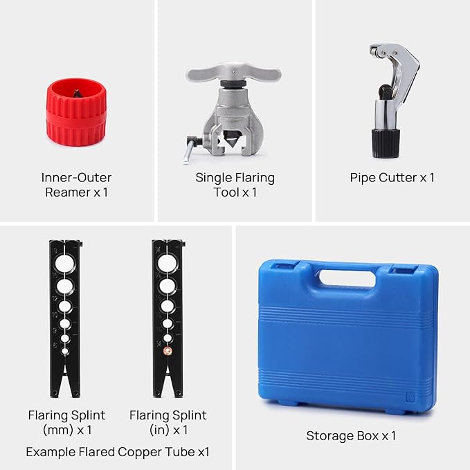 TURBRO HVAC FlaringTool Kit for 1/4 to 3/4in Pipes, 45 Degree Eccentric Cone Type, 2 Flaring Splints, Single Flaring Tool with a Pipe Cutter and Deburring Reamer, for Copper and Aluminum Pipes