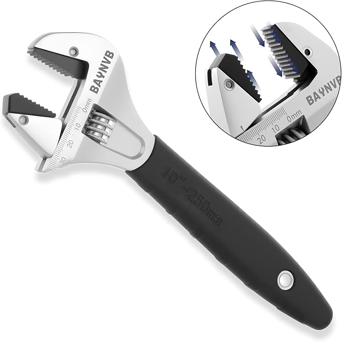BAUNVB Adjustable Wrench 12 inch with Serrated Self-tightening Jaw, 43mm Wide Jaw Opening Wrench for Plumbing, Automotive, Industrial