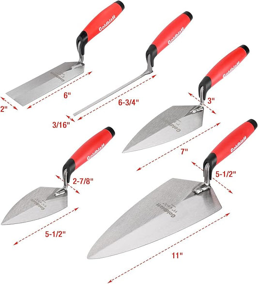 Goldblatt 12PC Masonry Hand Tool Set Organized in Tool Bag - Philadelphia/Pointing/Margin/Tuck Pointing Trowel, Skate Wheel Joint Raker, Convex Brick Jointer, String Line & Jag-clamp, Masonry Brush