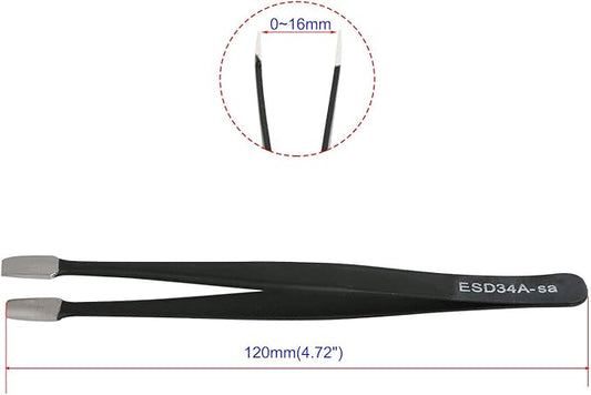 Aoje-Link ESD-34a Professional Anti-Static Precision Technology Tweezers, Non-magnetic Flat Straight, Stainless Steel Plastic Coated, Full Length 120mm, Black, 5pcs