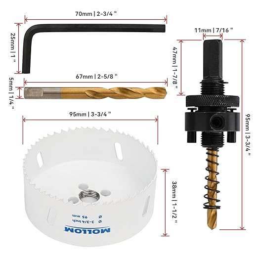 Mollom (95mm | 3-3/4") HSS M42 with 8% Cobalt BI-Metal Hole Saw with 2 Pilot Drill Bits & Arbor Smooth Cutting for PVC,Drywall,Wood,Plastic,Gypsum Board,Rubber