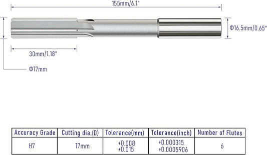 Chucking Reamer 17mm, H7 HSS Cobalt M35 Lathe Machine Reamer Metric, 6 Straight Flutes, Round Straight Shank Milling Cutting Tool, for Stainless Steel Alloy Copper Metal
