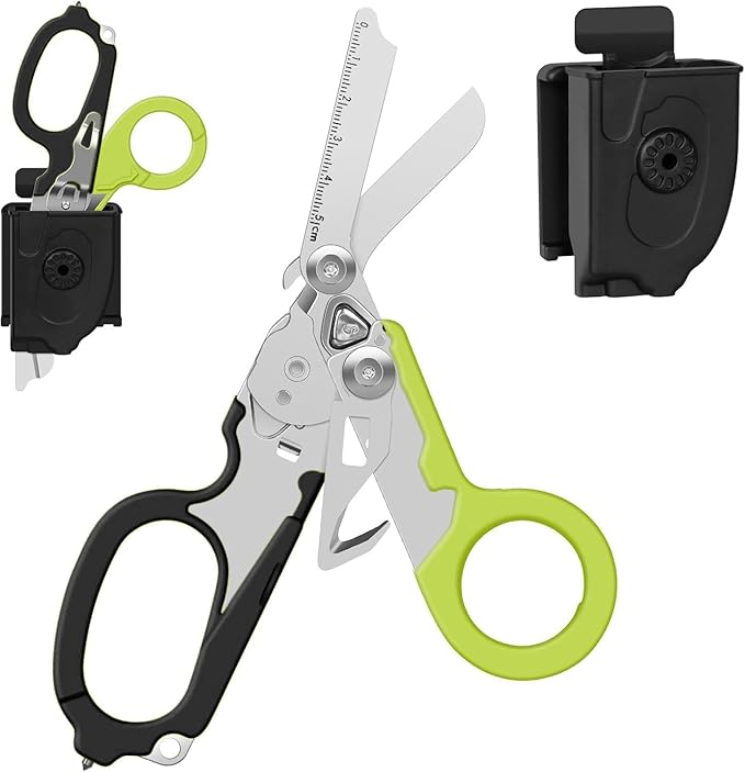 6-in-1 Heavy Duty Emergency/Trauma Shears, with Carbide Glass Breaker, Ring Cutter, Foldable, Stainless Steel Multi-Purpose Scissors for Hospital, Home, Camping, and Travel Rescue Tools (Black+Green)