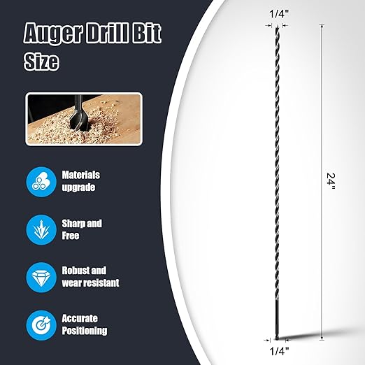 1/4" x 24" Auger Drill Bit for Wood, Hex Shank Tri Flute Ship Auger Long Drill Bit for Soft and Hard Wood,Tree Stump,Plastic,Drywall and Composite Materials