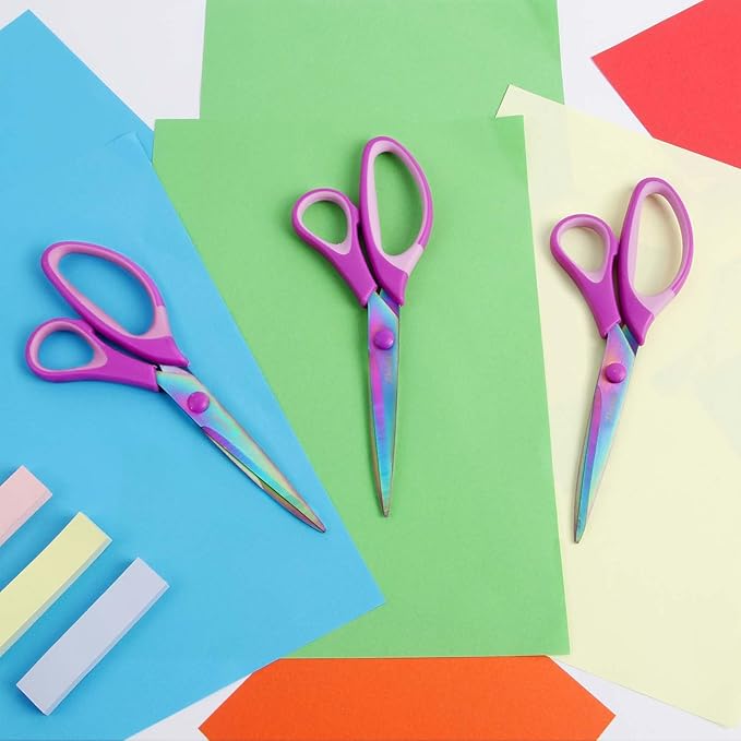 8.5" Scissors All Purpose, Multipurpose Office Scissors Set of 3 Pack, Titanium Coating Sharp Blade, Soft Comfort-Grip, Ideal for Fabric, School, Home, Craft & Sewing, Right/Left Handed, Purple