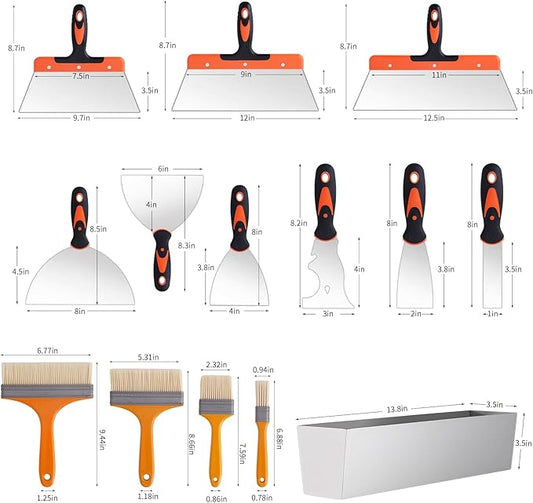 Drywall Knife Set, 14Pcs Stainless Steel Putty Tools Includes Putty Knife, Taping knife, Painter Scraper Tool & 14" Mud Pan Perfect for Drywall Joint Taping, Finishing and Patching