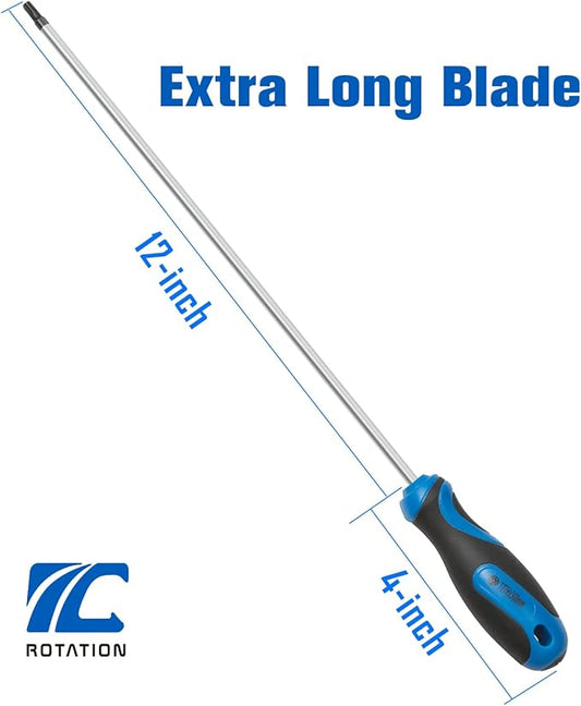 ROTATION Extra Long Torx Screwdrivers Set (5pc Set), S2 Steel, blade length 12-inch T15-T30, plus Long star Screwdrivers, 5-Piece Set