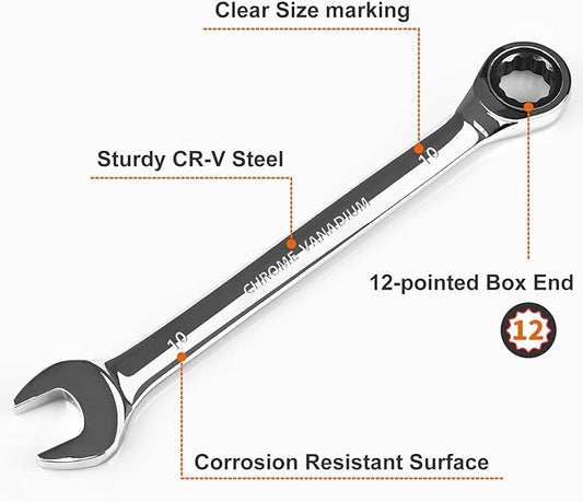 Egofine 10mm Wrench Metric and 7/16 Wrench, Metric and Standard Wrench Set, Industrial Grade Gear Spanner with 12 Point Box End, 72-Teeth Ratchet, Chrome Vanadium Steel