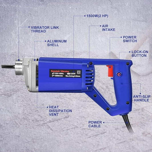 Seeutek Handheld Concrete Vibrating Tool - 1500W 6.6ft Electric Concrete Vibrator, 13000VPM Portable Pencil Cement Vibrator for Remove Air Bubble and Mix Concrete, Easy to Use
