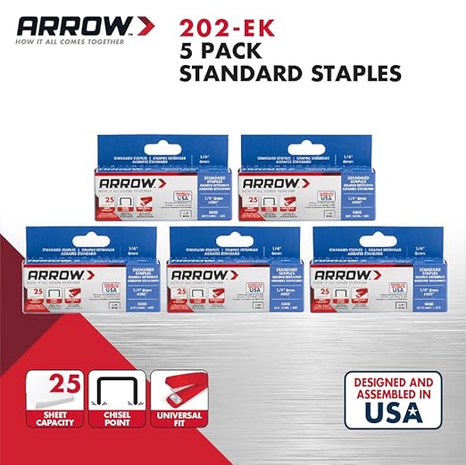Arrow 202-EK 1/4-Inch Length Galvanized Steel Staples for Desktop Staplers only, Office Supplies for Desk Staplers for Business, Classroom Supplies, Home Office, and Craft Use, 5-Pack, 5000 Per Pack
