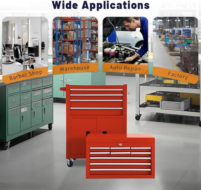 13-Drawer Rolling Tool Chest with Double Doors, 2 in 1 Detachable Rolling Tool Chest with Drawers, Metal Large Lockable Tool Box竊똌obile Tool Cabinet Combo for Garage Workshop (Red)