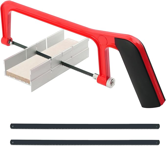 6 Inch Mini Hacksaw and Mitre Block Set, Adjustable Miter Box and Saw Set with 2 Spare Blades, Aluminum Cutting Saw Hack Saws for Woodworking, Hacksaw, Metal Cutting (Red)