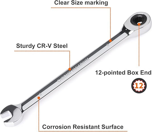 Egofine 6mm Ratcheting Combination Wrench Metric, Industrial Grade Gear Spanner with 12-Point Design, 72-Tooth Ratchet, Chrome Vanadium Steel