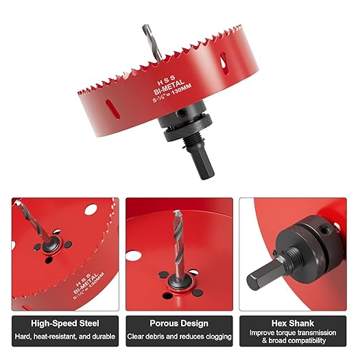 5-1/8" (130mm) Bi-Metal M42 High Speed Steel Hole Saw with Pilot Drill Bit, Smooth Cutting Edge for PVC, Drywall, Wood, Plastic, Gypsum Board, Rubber, Thin Metal