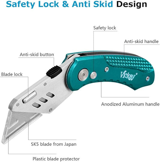 Vickay Box Cutter Knife Utility Knife with 5 SK5 Quick Change Blades, Safety Axis Lock Design Razor Knife, Lightweight Aluminum Body Belt Clip for Office